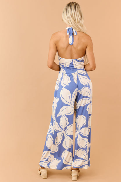 Dusty Blue Tropical Floral Knit Halter Neck Jumpsuit