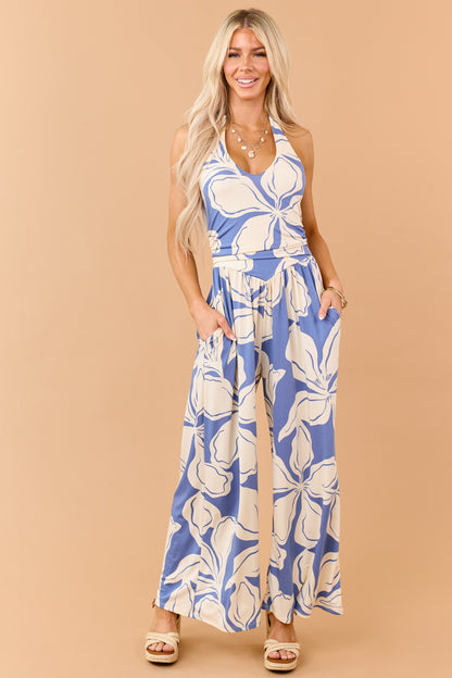 Dusty Blue Tropical Floral Knit Halter Neck Jumpsuit