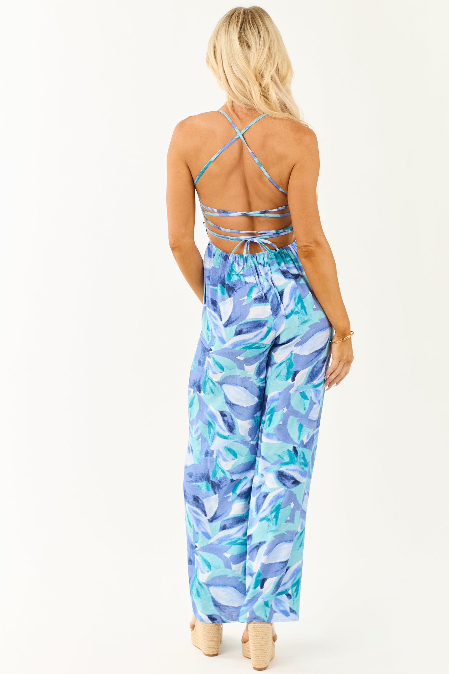 Dusty Blue Tropical Print Wide Leg Lace Up Back Jumpsuit