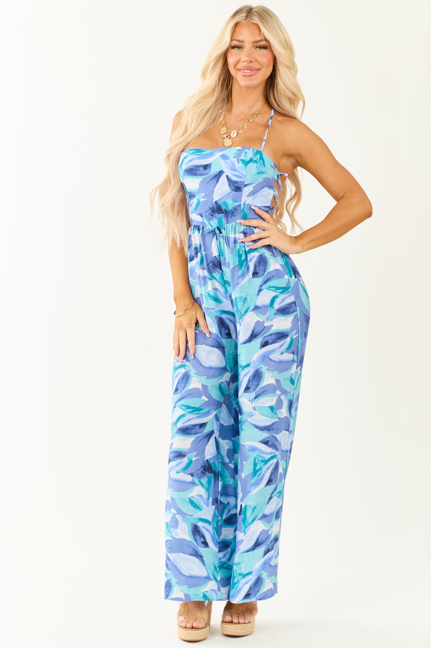Dusty Blue Tropical Print Wide Leg Lace Up Back Jumpsuit