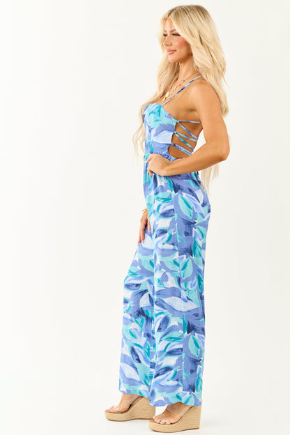 Dusty Blue Tropical Print Wide Leg Lace Up Back Jumpsuit