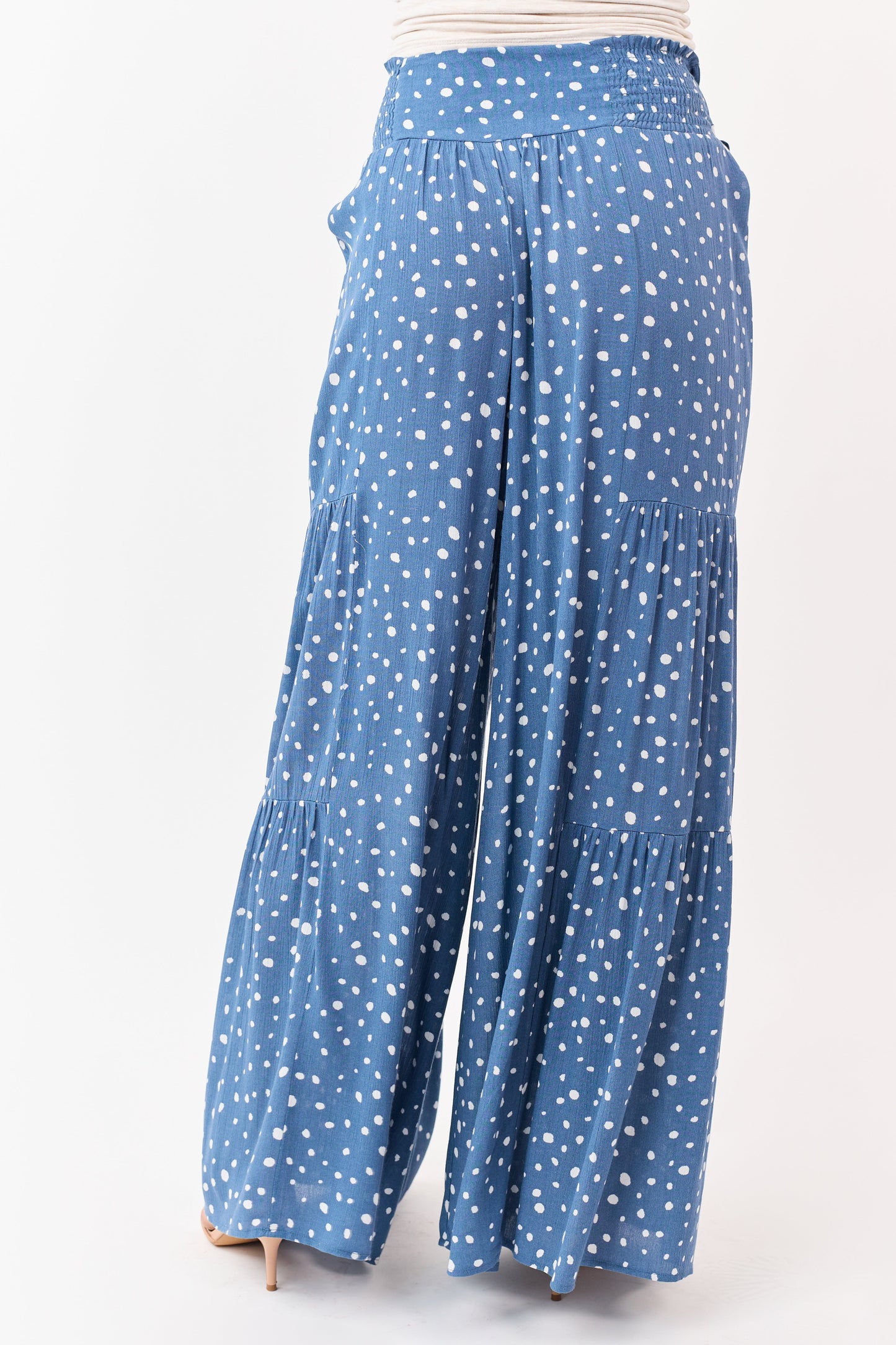 Dusty Blue and Ivory Spotted Palazzo Wide Leg Pants