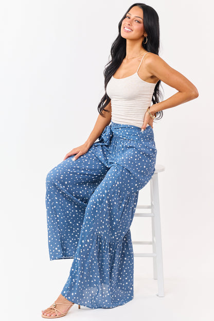Dusty Blue and Ivory Spotted Palazzo Wide Leg Pants