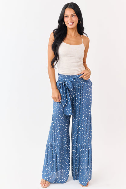 Dusty Blue and Ivory Spotted Palazzo Wide Leg Pants