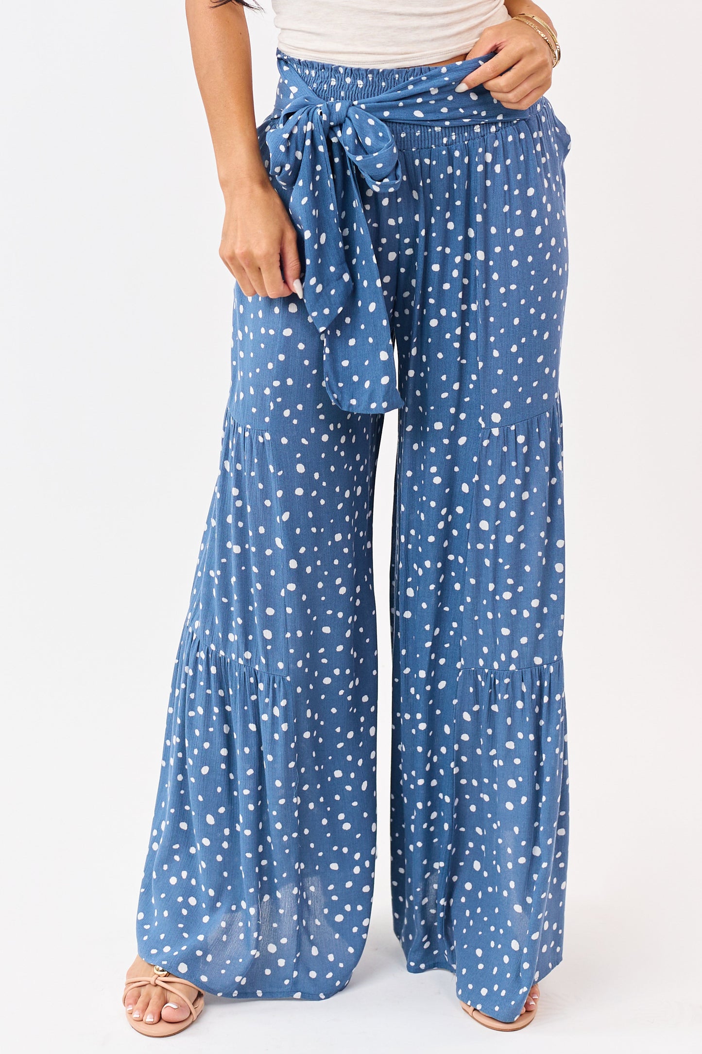 Dusty Blue and Ivory Spotted Palazzo Wide Leg Pants