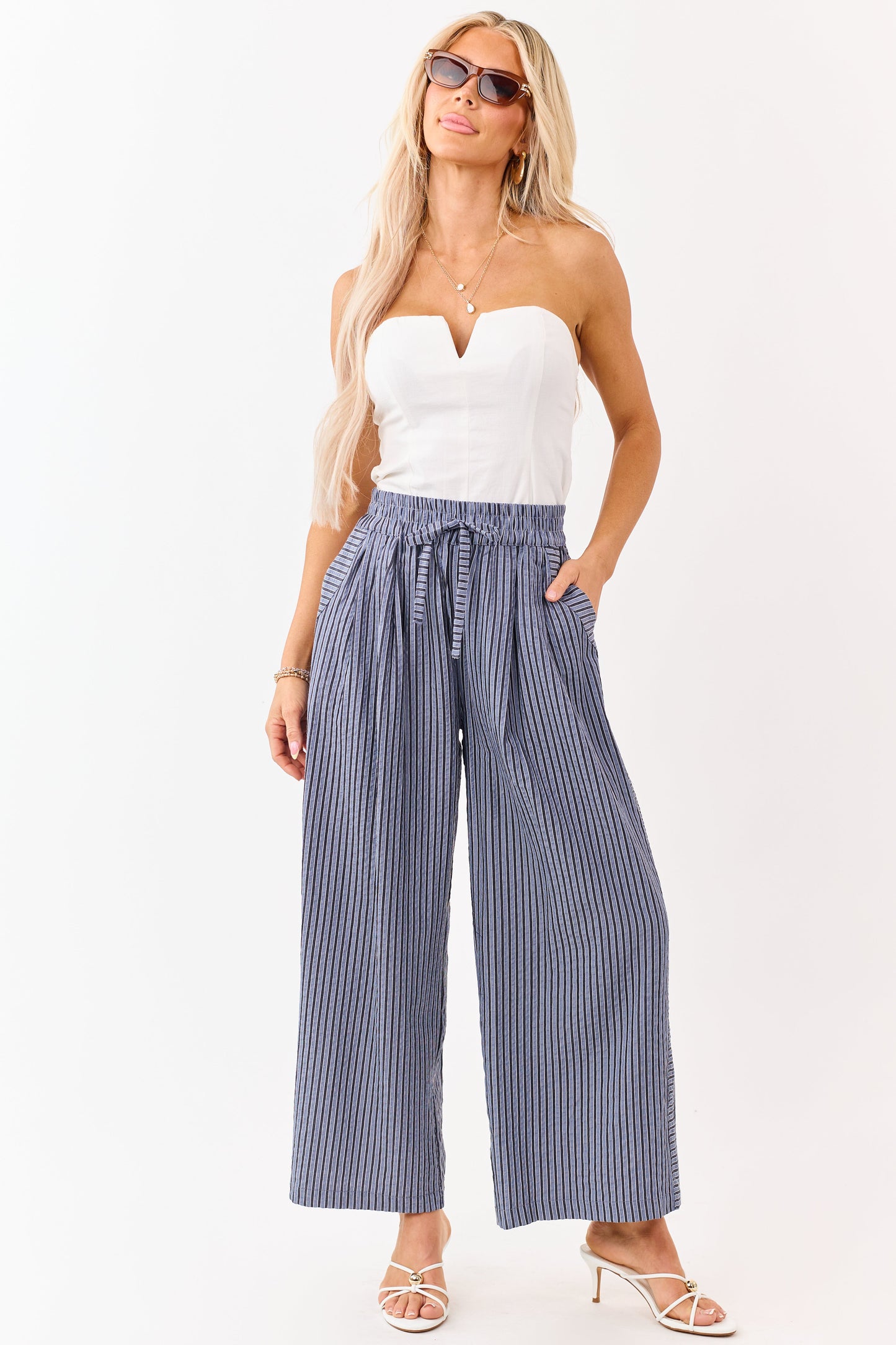 Dusty Blue and Navy Striped Wide Leg Pants