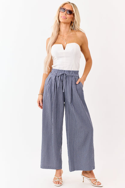 Dusty Blue and Navy Striped Wide Leg Pants