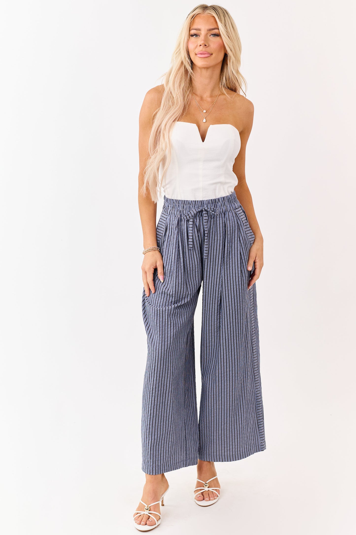 Dusty Blue and Navy Striped Wide Leg Pants