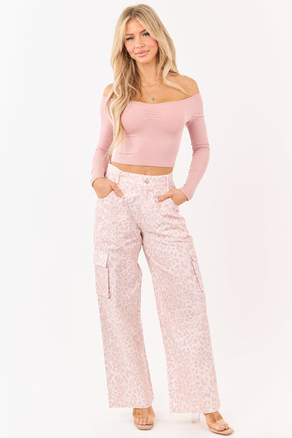 Dusty Blush Off Shoulder Ruched Long Sleeve Crop Top