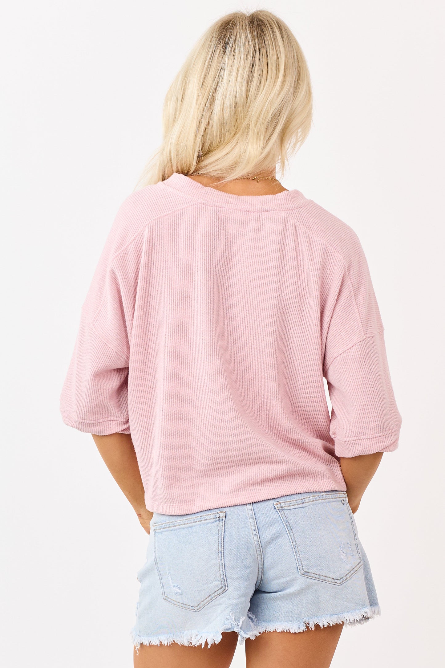 Dusty Blush Rib Knit Button Down Half Sleeve Top