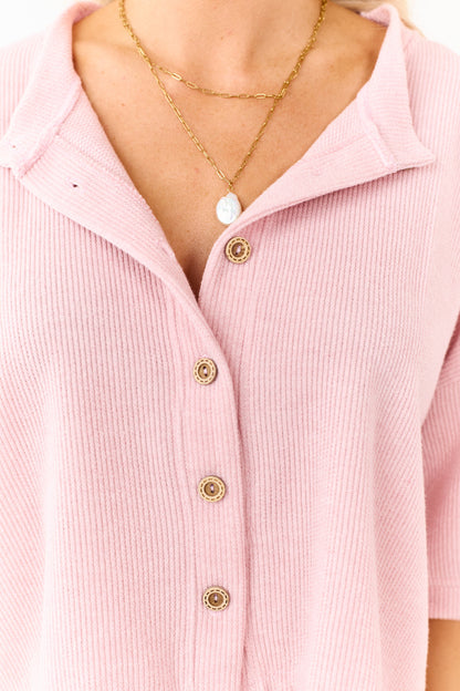 Dusty Blush Rib Knit Button Down Half Sleeve Top
