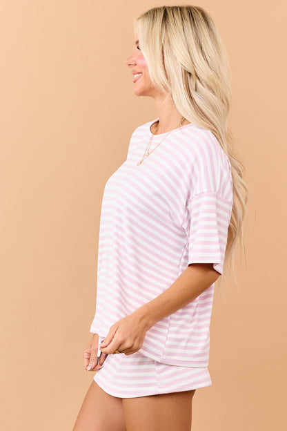 Dusty Blush Striped Crew Neck Short Sleeve Top