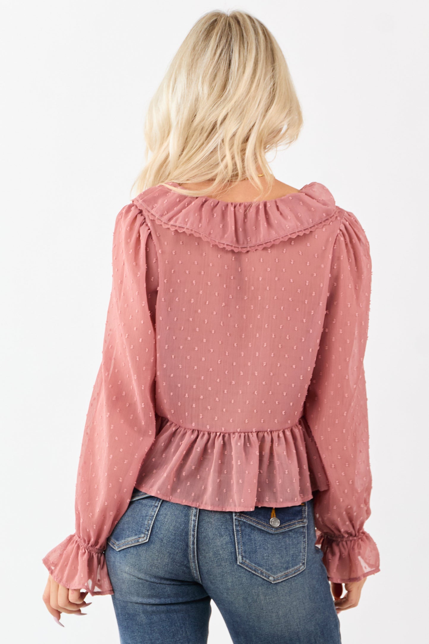Dusty Rose Swiss Dot Long Sleeve Peplum Blouse