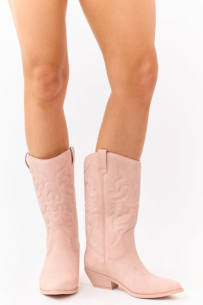 Dusty Blush Faux Leather Pointed Toe Western Boots