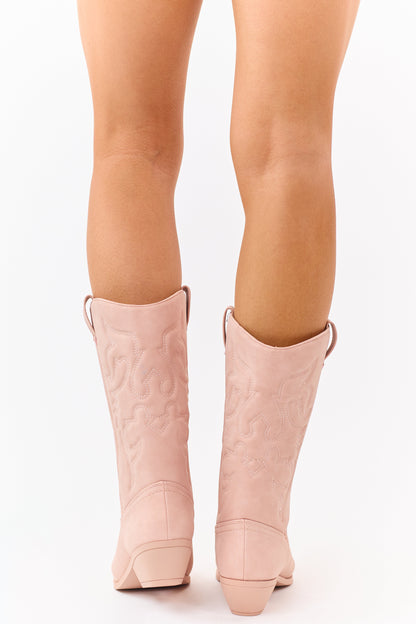 Dusty Blush Faux Leather Pointed Toe Western Boots
