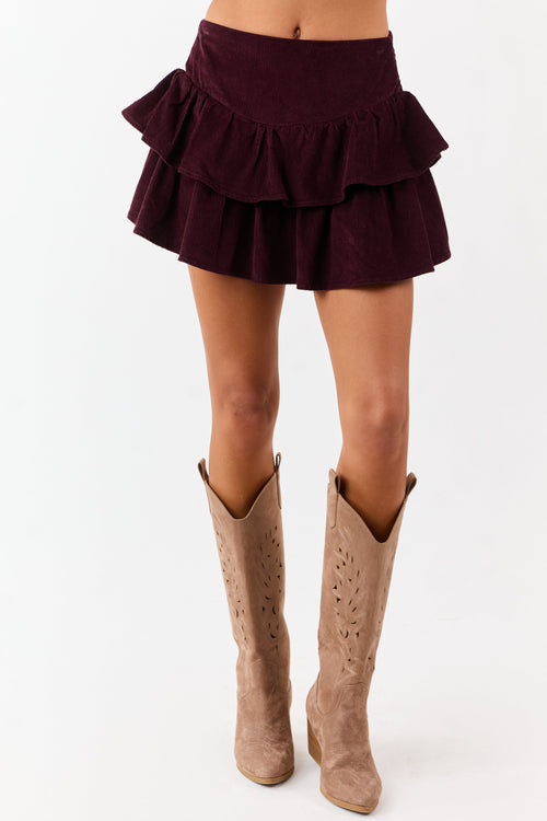 Eggplant Corduroy Ruffle Tiered Mini Skort