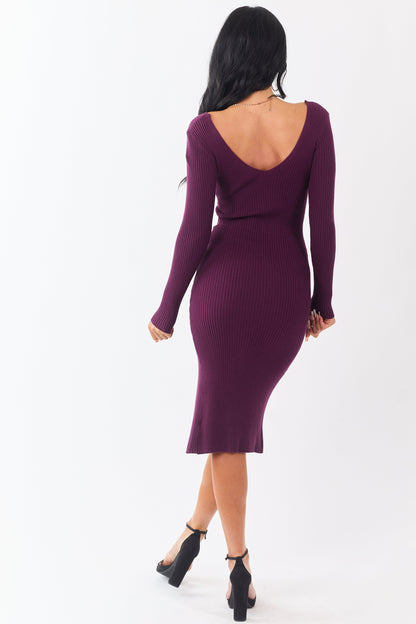Eggplant Front Slit V Neck Bodycon Midi Dress