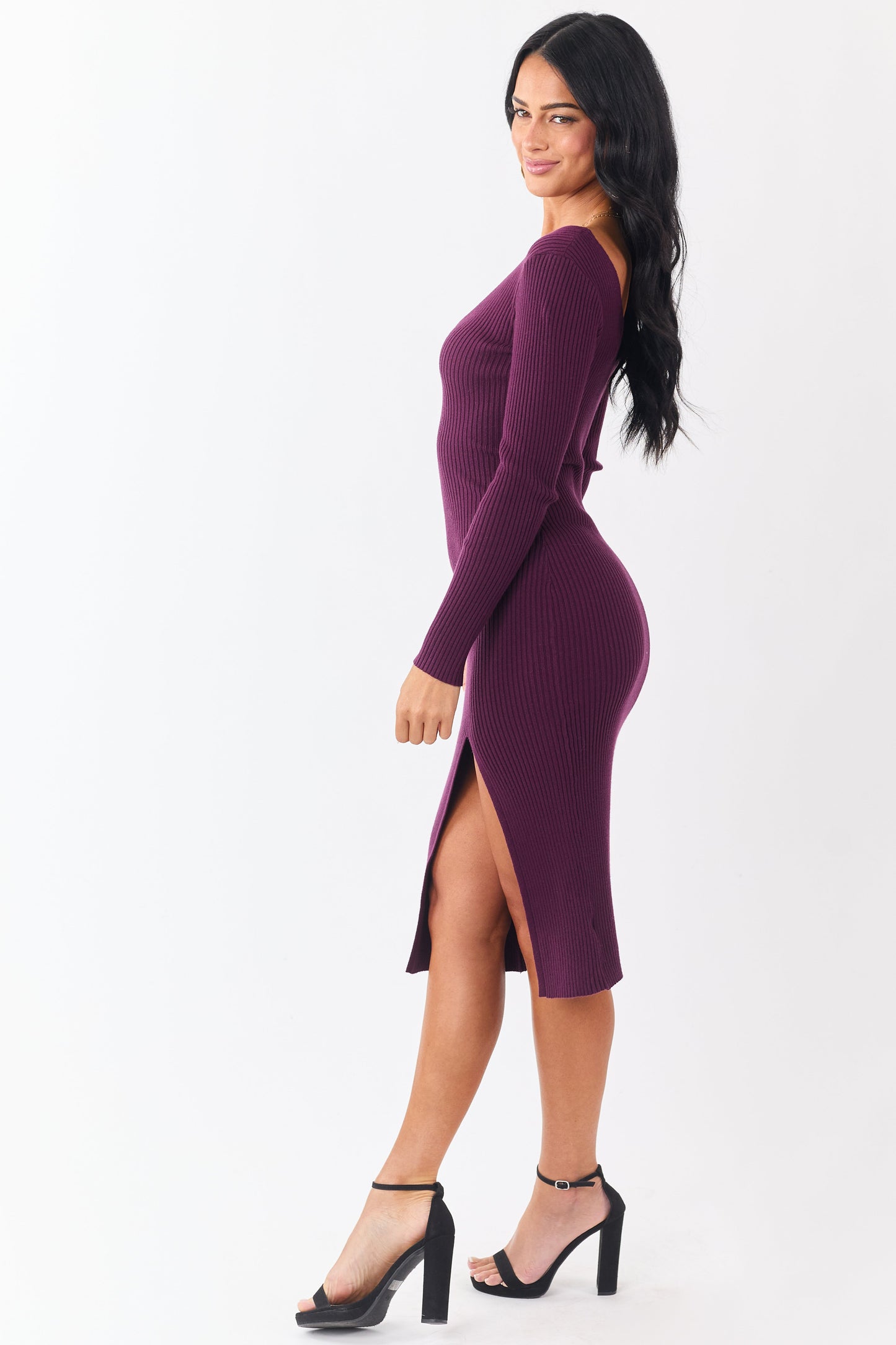 Eggplant Front Slit V Neck Bodycon Midi Dress