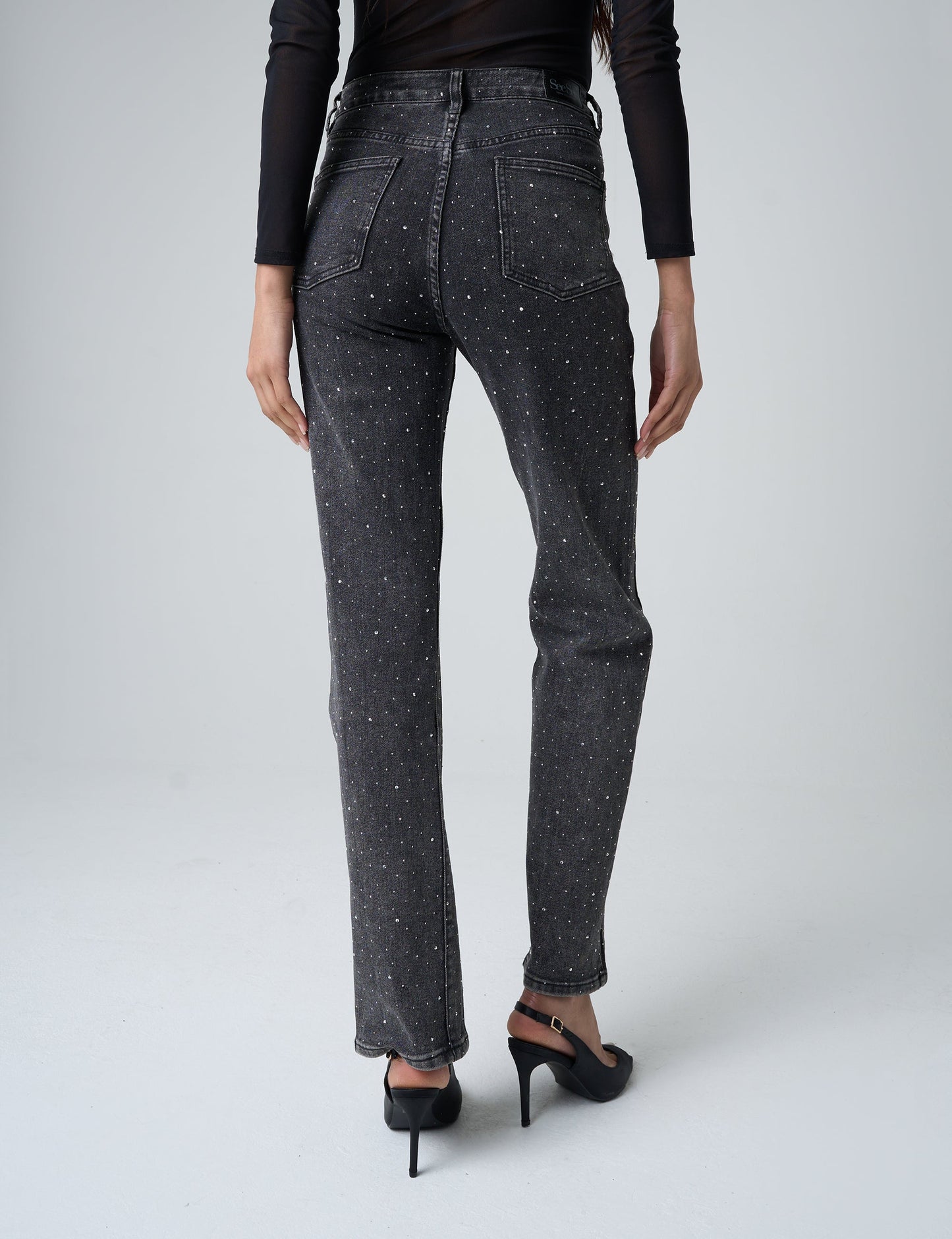 Embellished Straight Leg High Waisted Jeans Black