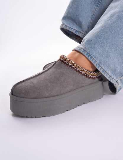 Nutmeg Grey Faux Fur Lined Platform Mules