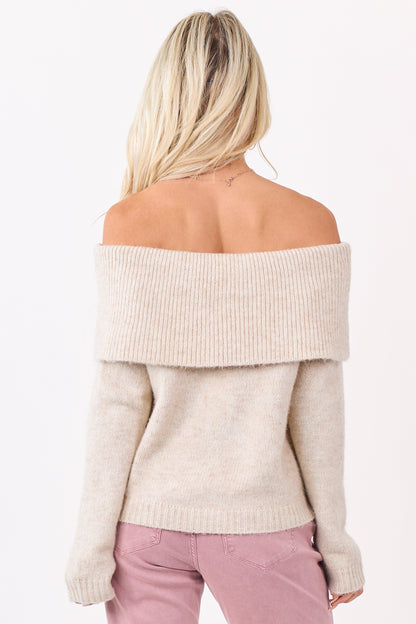 Entro Almond Wool Blend Off Shoulder Sweater