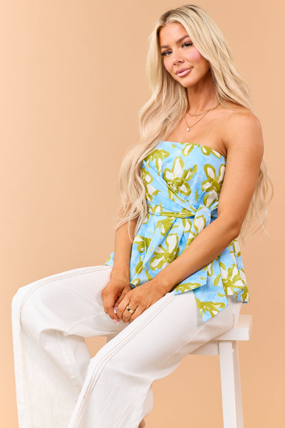 Entro Azure Cotton Floral Print Strapless Peplum Top