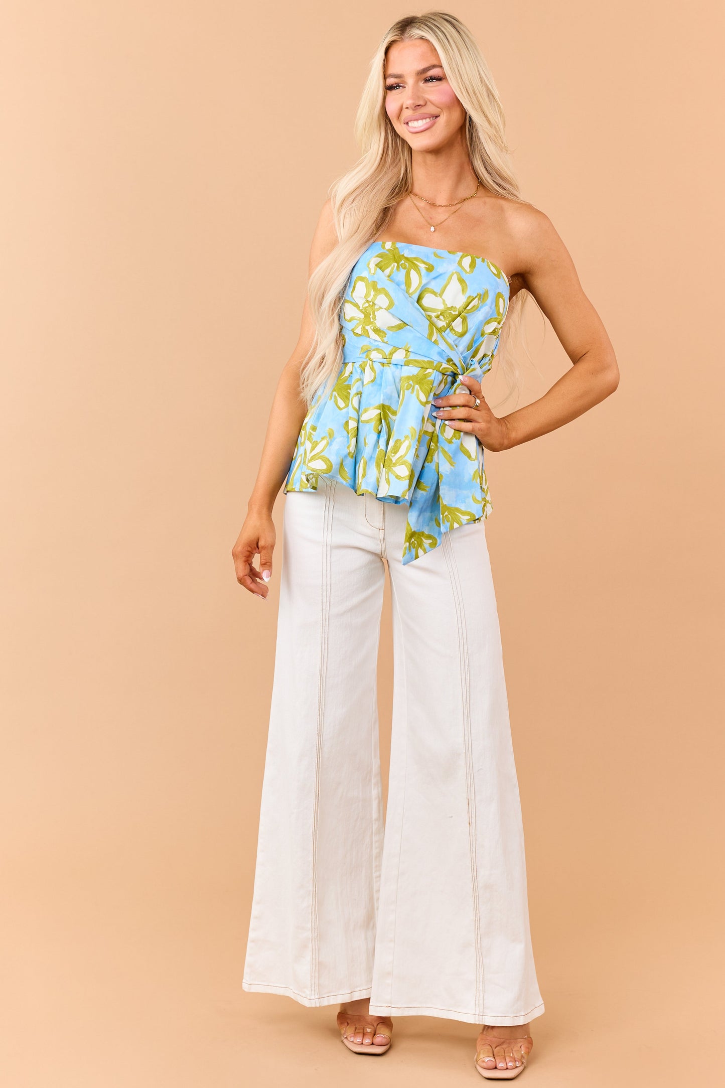 Entro Azure Cotton Floral Print Strapless Peplum Top