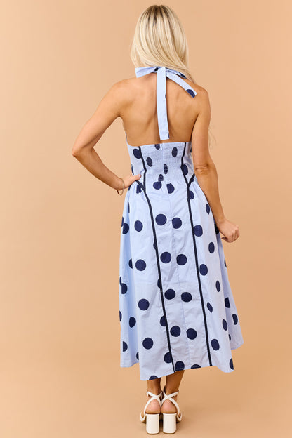 Entro Baby Blue Polka Dot Cotton Halter Midi Dress