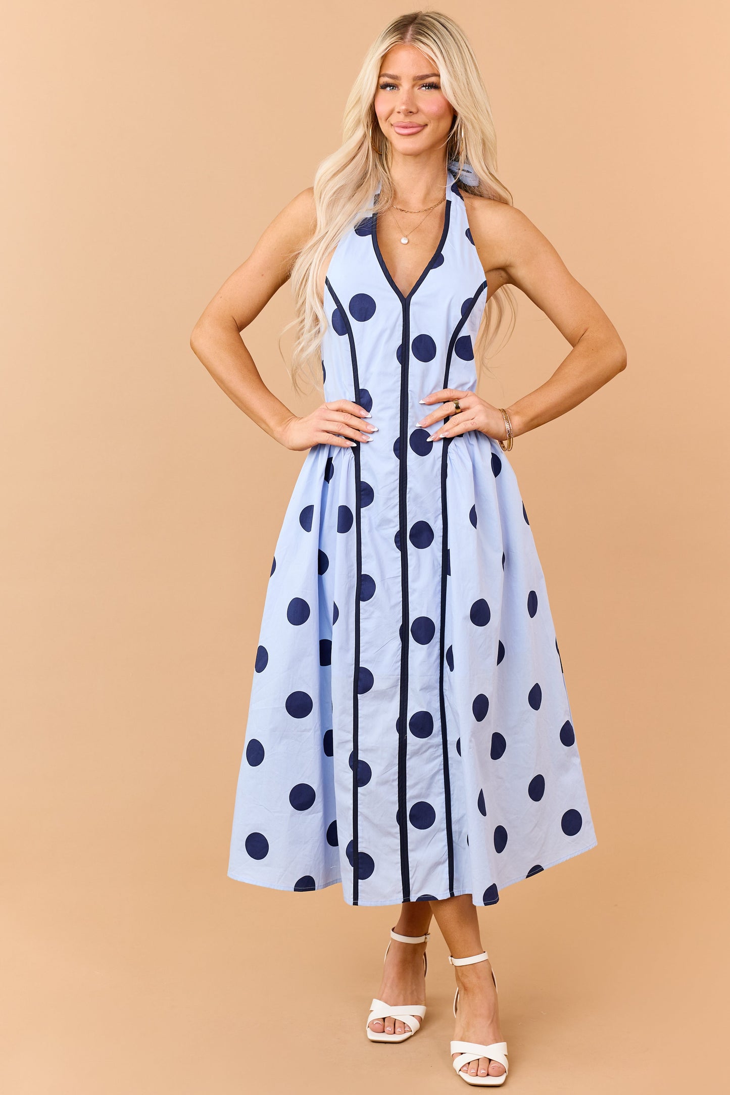 Entro Baby Blue Polka Dot Cotton Halter Midi Dress