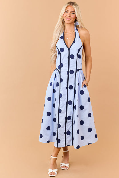 Entro Baby Blue Polka Dot Cotton Halter Midi Dress