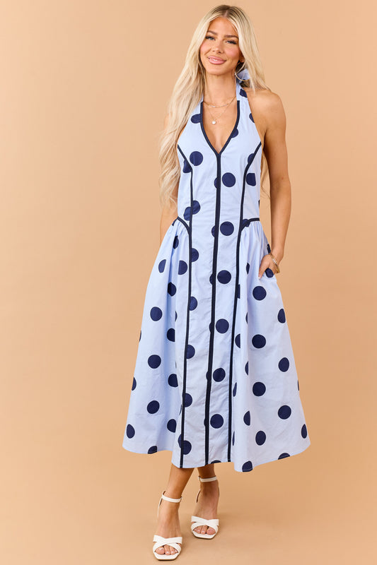 Entro Baby Blue Polka Dot Cotton Halter Midi Dress