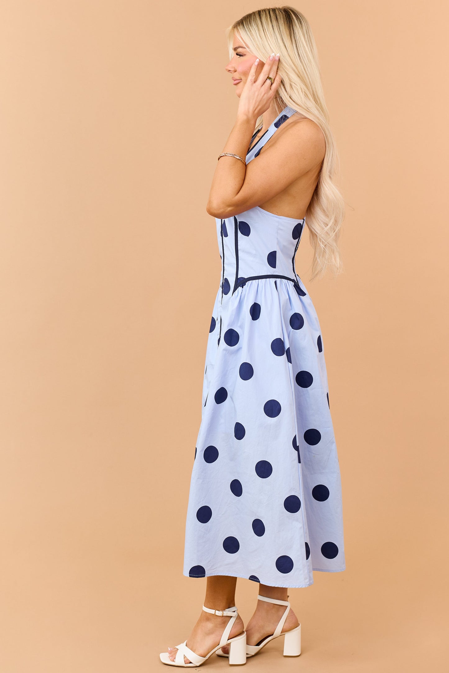 Entro Baby Blue Polka Dot Cotton Halter Midi Dress