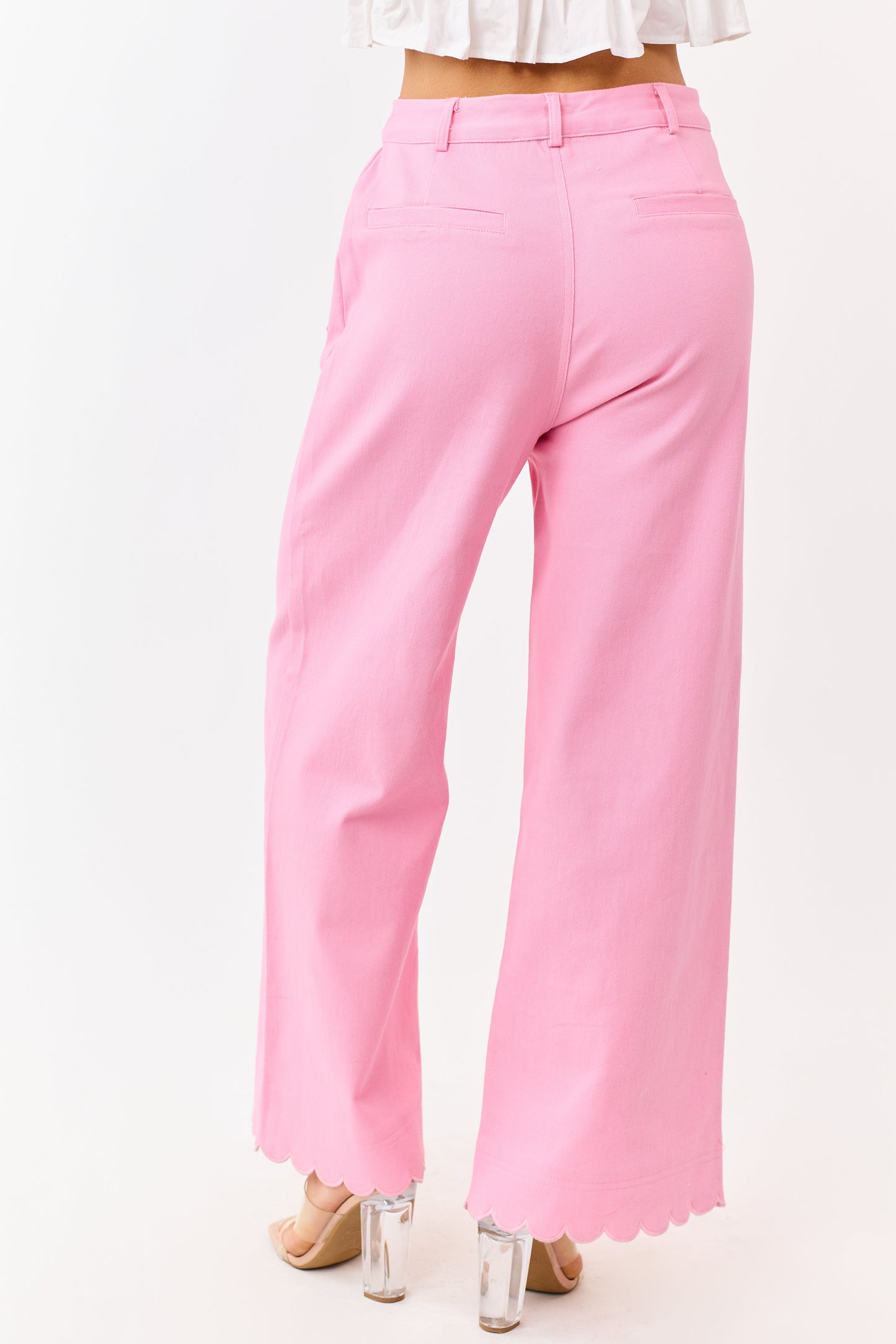 Entro Baby Pink Scalloped Trim Wide Leg Denim Pants