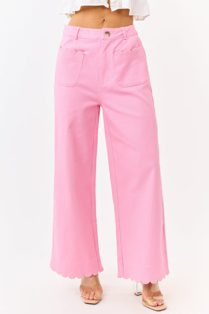 Entro Baby Pink Scalloped Trim Wide Leg Denim Pants