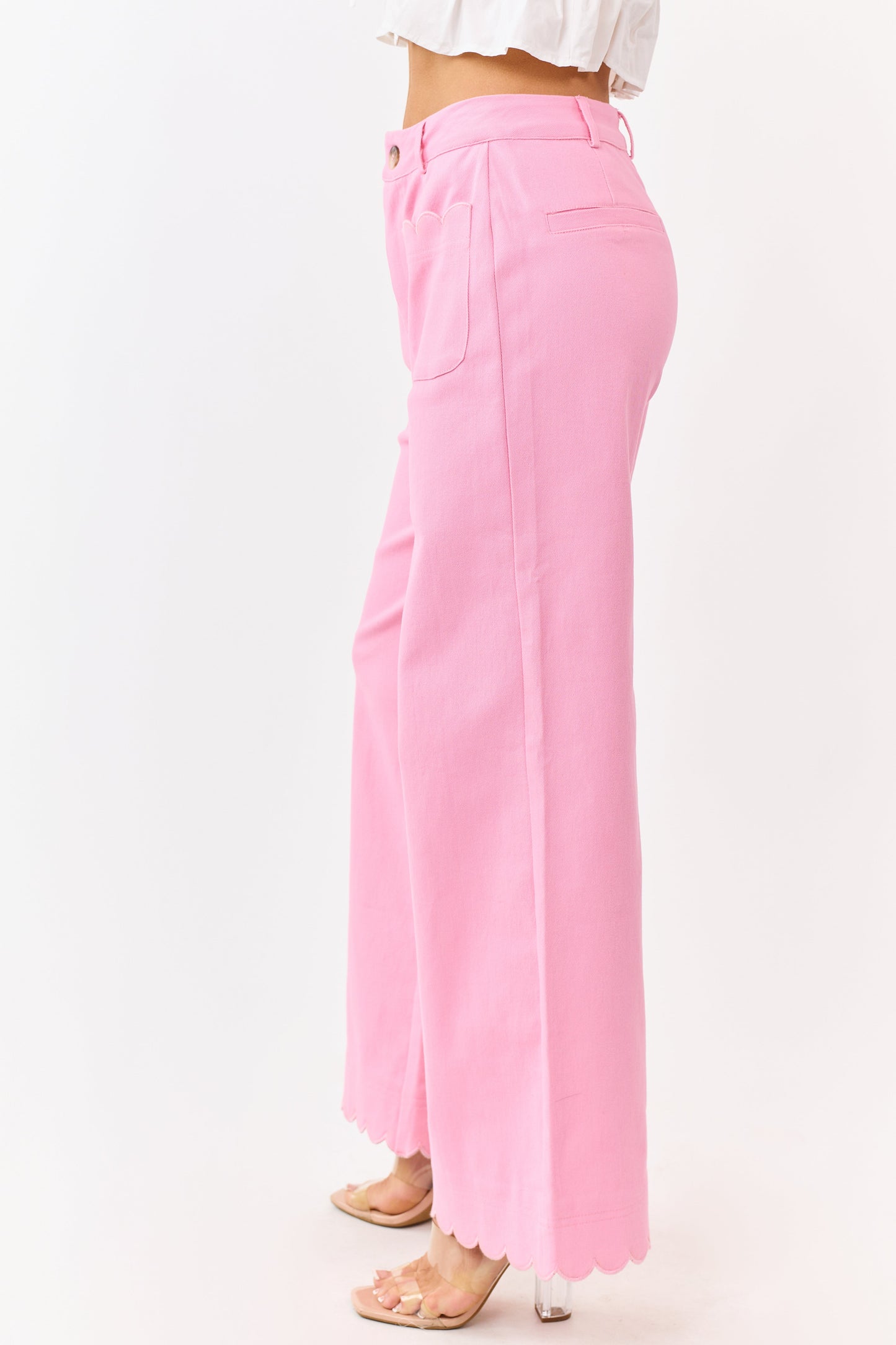 Entro Baby Pink Scalloped Trim Wide Leg Denim Pants
