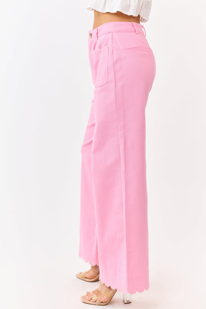 Entro Baby Pink Scalloped Trim Wide Leg Denim Pants