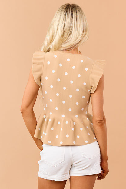 Entro Beige Polka Dot Knit Ruffle Peplum Top