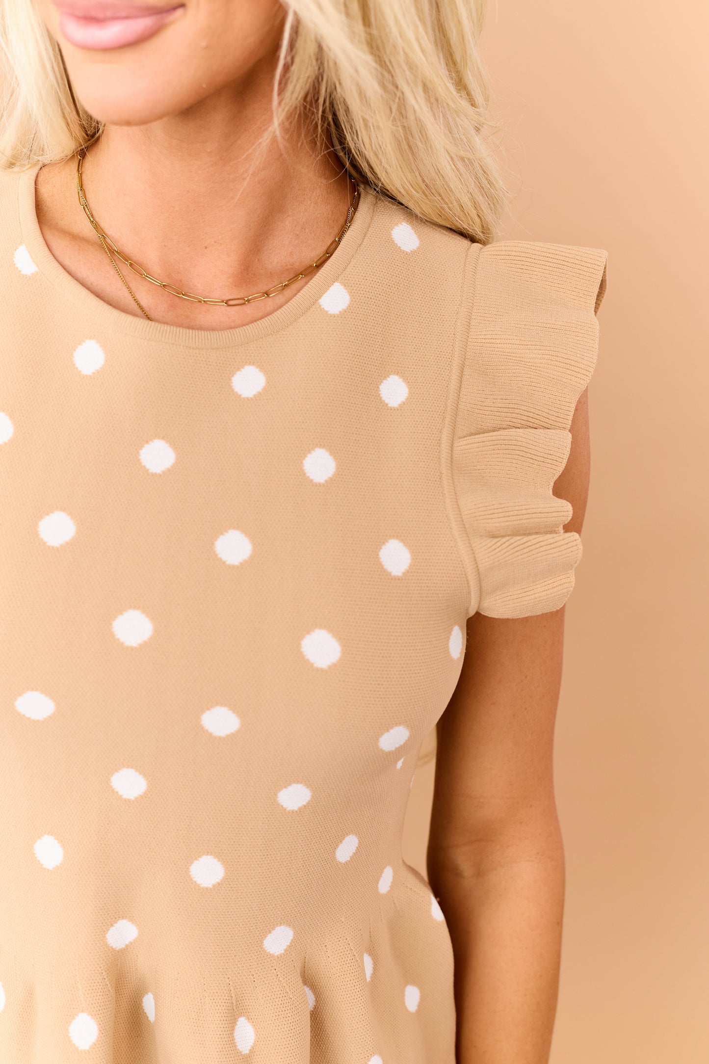 Entro Beige Polka Dot Knit Ruffle Peplum Top