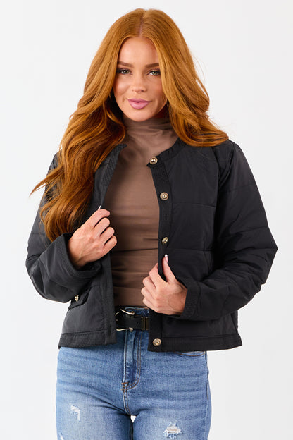Entro Black Button Down Long Sleeve Puff Jacket