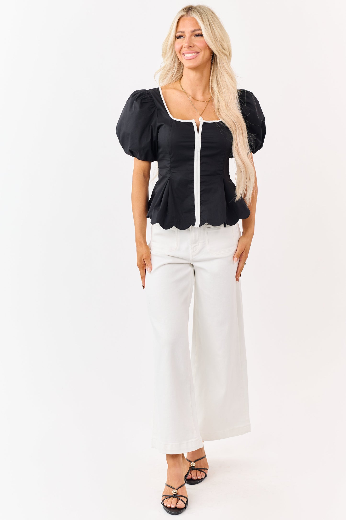 Entro Black Contrast Trim Short Puff Sleeve Top