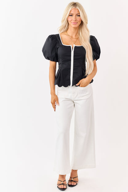 Entro Black Contrast Trim Short Puff Sleeve Top