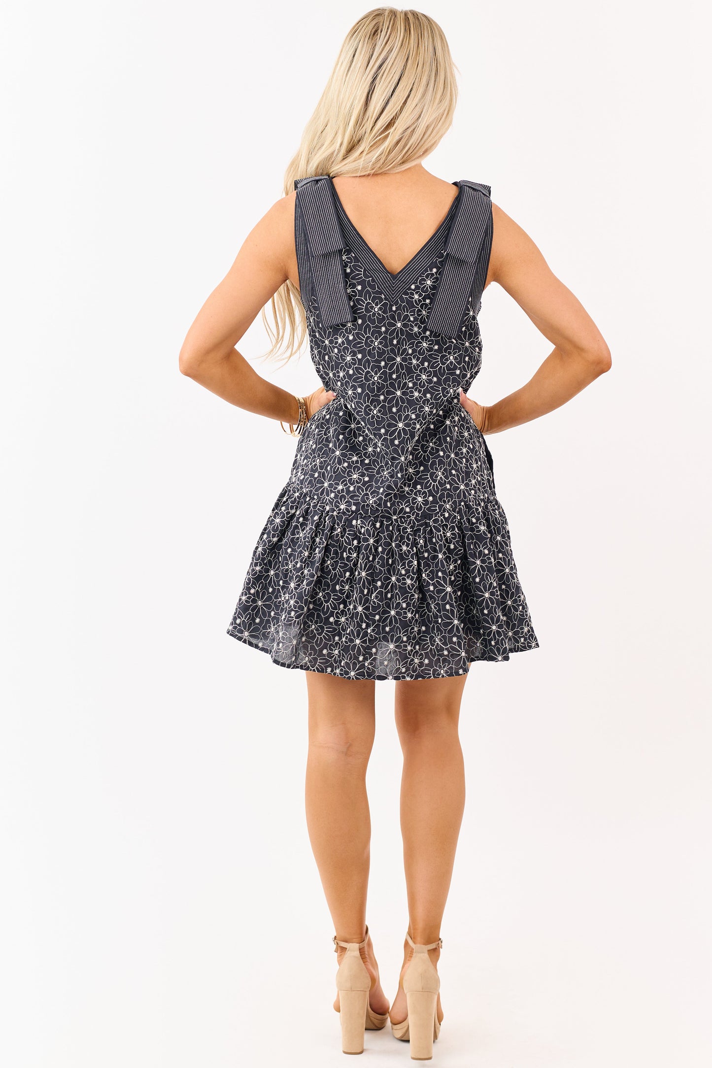 Entro Black Embroidered Floral Bow Strap Mini Dress