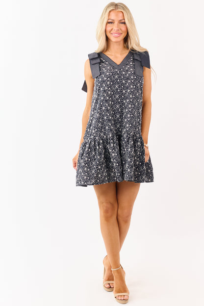 Entro Black Embroidered Floral Bow Strap Mini Dress
