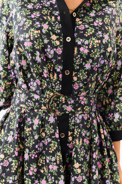 Entro Black Floral Print Cotton Mini Dress
