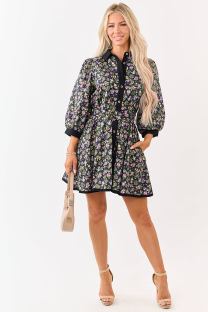 Entro Black Floral Print Cotton Mini Dress