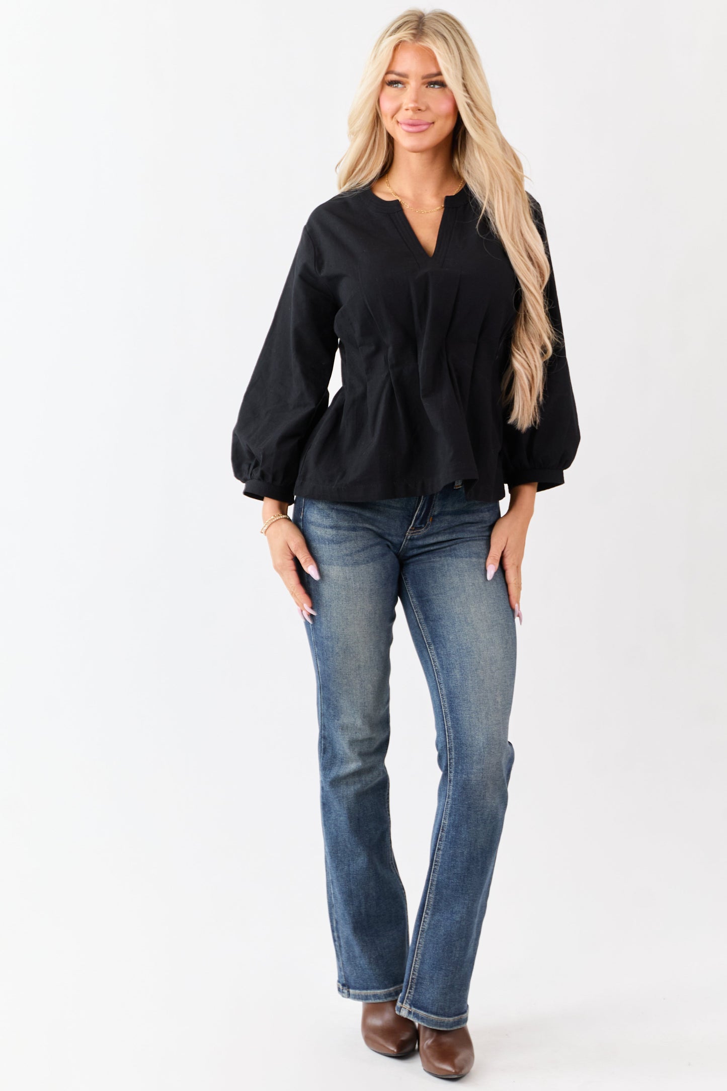 Entro Black V-Neck Long Sleeve Pleated Top