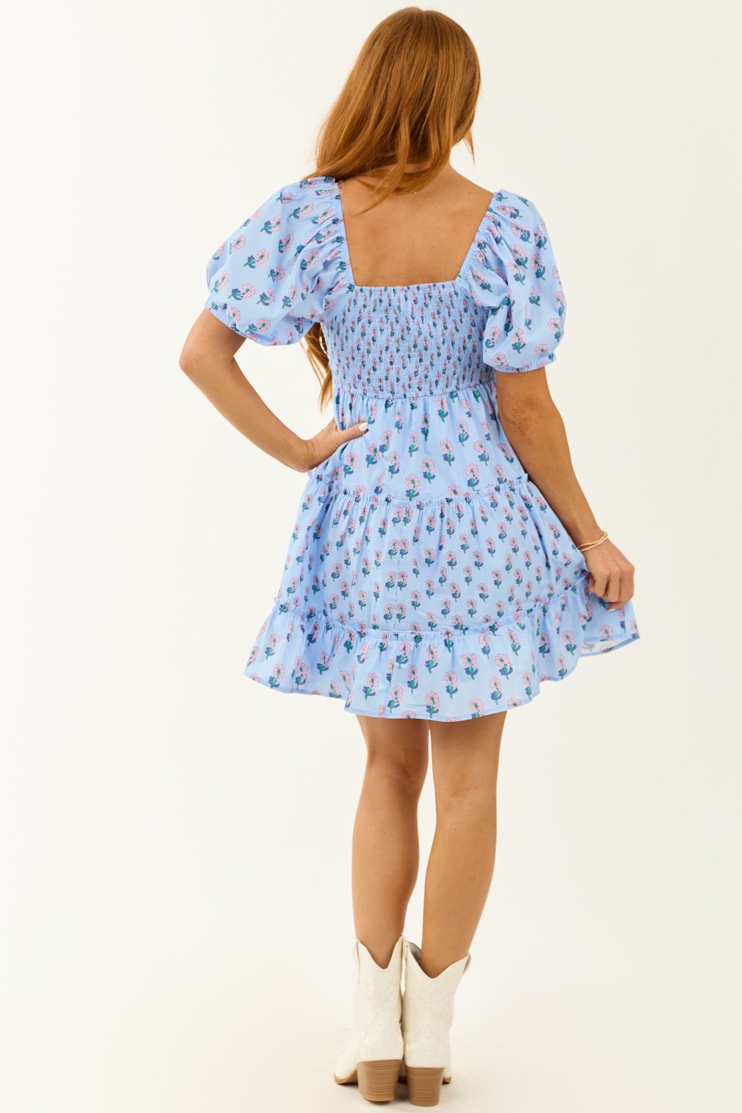 Entro Cornflower Floral Puff Sleeve Tiered Dress
