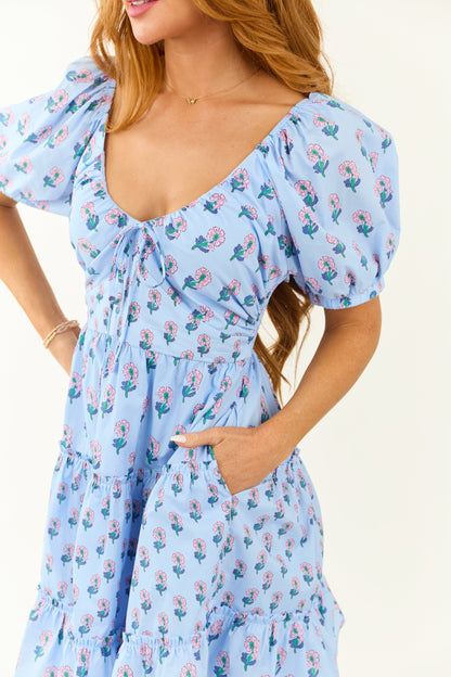 Entro Cornflower Floral Puff Sleeve Tiered Dress