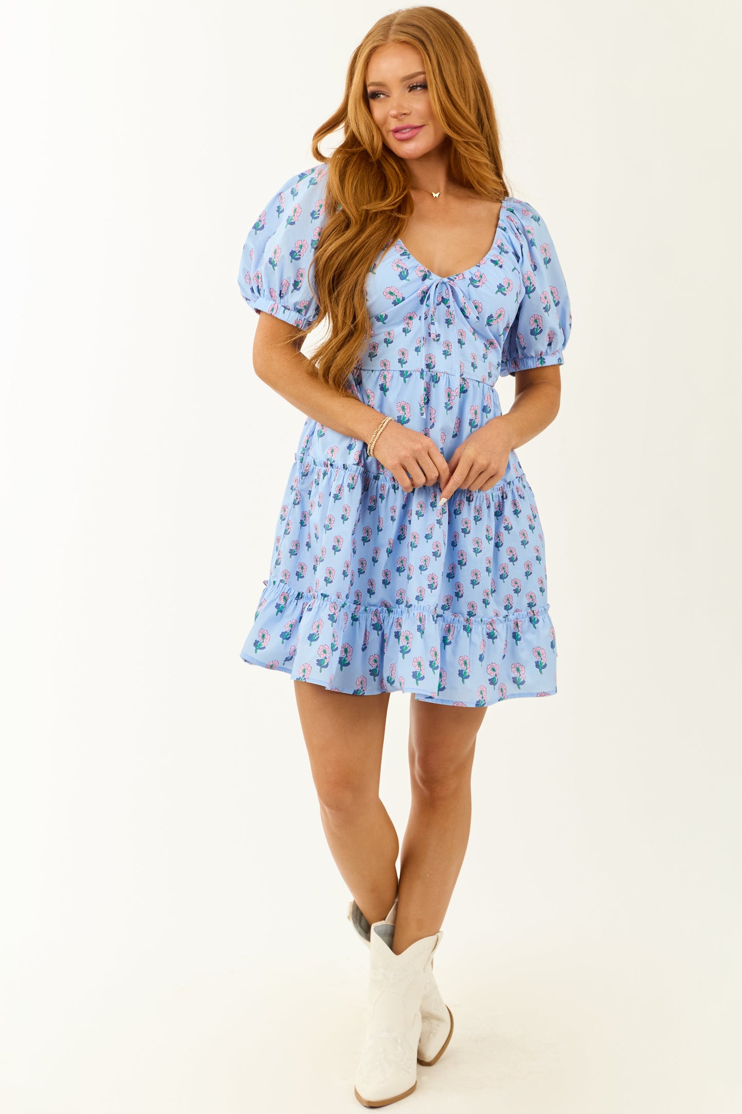 Entro Cornflower Floral Puff Sleeve Tiered Dress