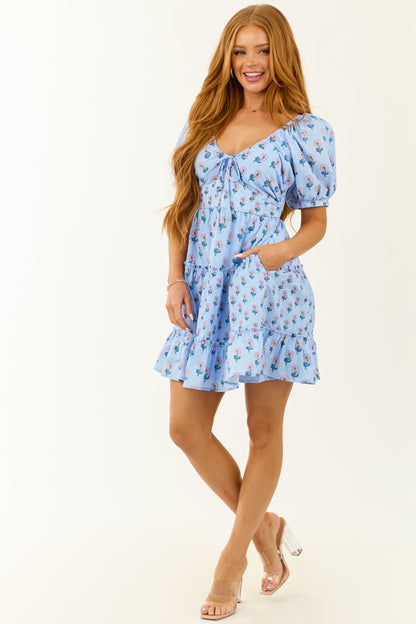 Entro Cornflower Floral Puff Sleeve Tiered Dress